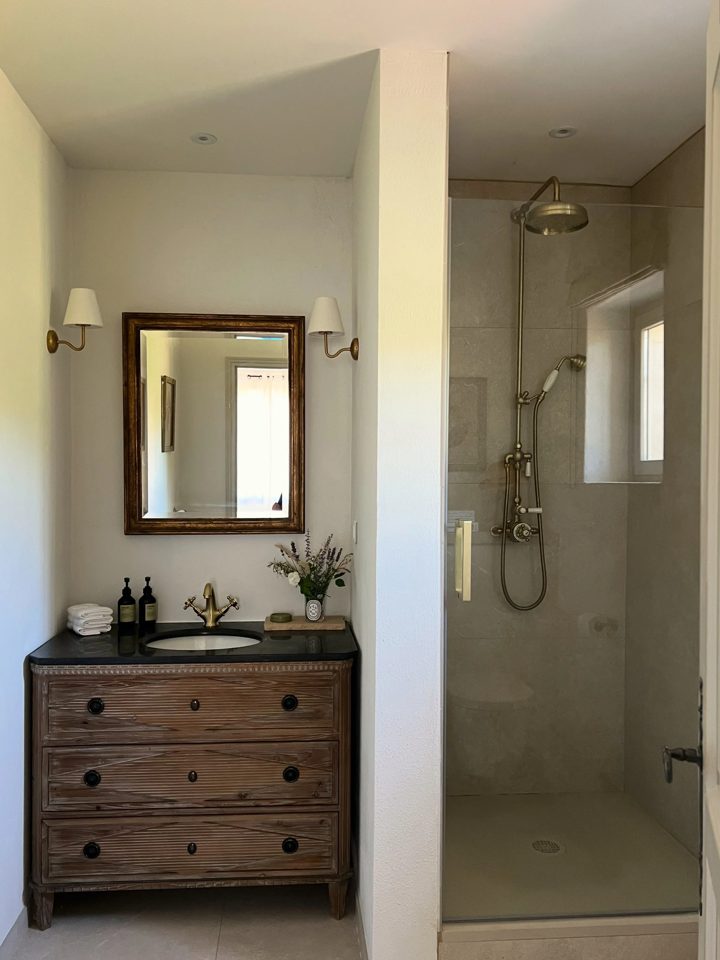 corston wall lights, timber vanity antique, marble, stone, shower, brass, mirror