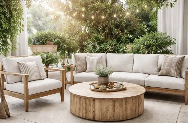 Sunlit outdoor patio with white cushioned sofa and armchair, wooden coffee table, lush green plants, and string lights hanging overhead.