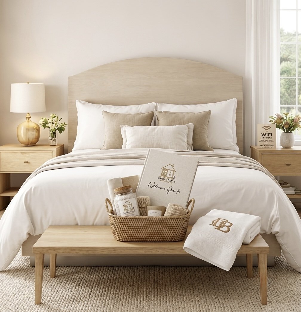 A neatly made bed with white bedding and beige pillows in a bright room. Two wooden nightstands with lamps and flower arrangements on each side. A small wooden bench at the foot of the bed with a basket of toiletries and a folded towel with monogrammed initials.