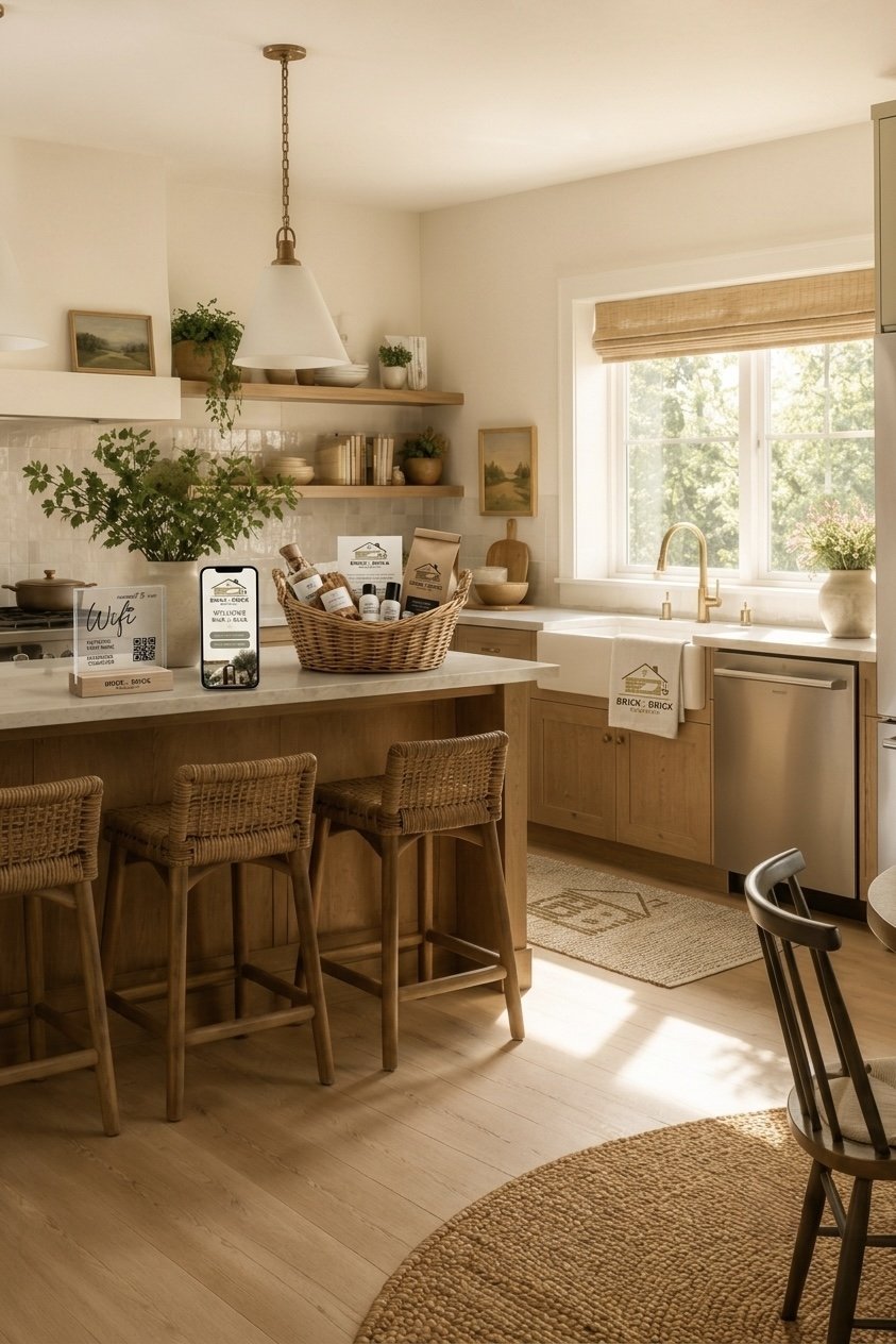 Bright kitchen with natural wood cabinets, a large window with a woven blind, and a central island with wicker chairs. Decor includes plants, framed art, and various kitchen items on open shelves.