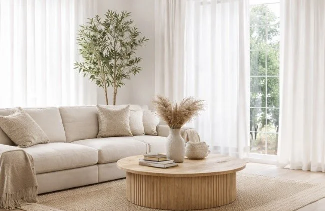 Bright living room with a white sofa, decorative pillows, a large green potted plant, beige curtains, and a wooden coffee table with a vase of dried flowers and books.