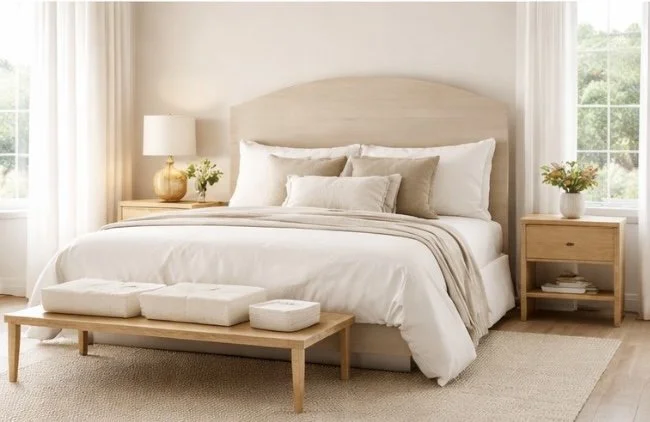 Clean, neatly made bed with white bedding and beige pillows in a bright bedroom with two wooden nightstands, one with a vase of flowers and a lamp, and a wooden bench at the foot of the bed.