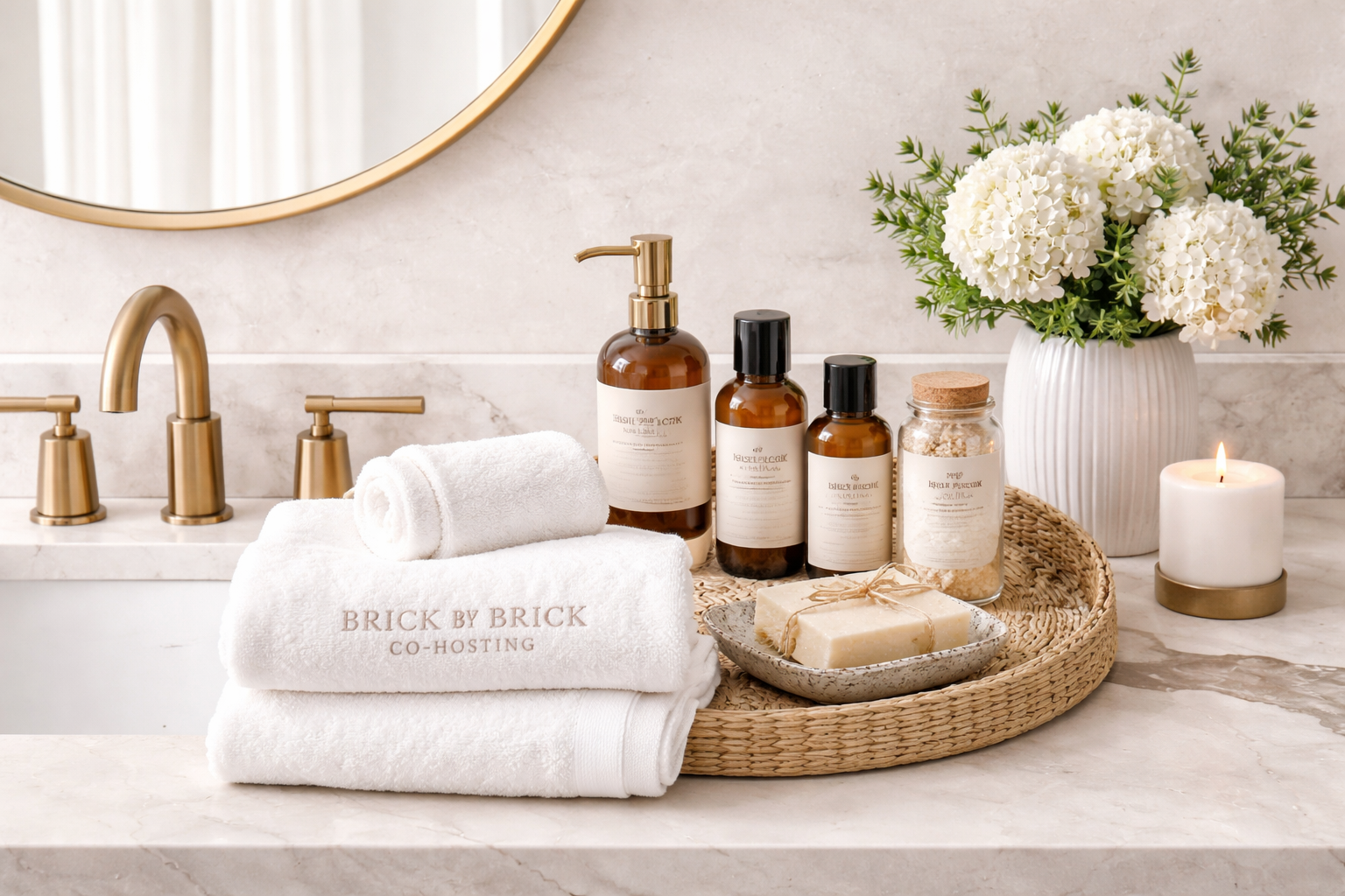 A bathroom vanity with gold fixtures, a potted white hydrangea, white towels with embroidered text, bottles of liquid soap or lotion, a jar of bath salts, a bar of soap, and a lit candle.