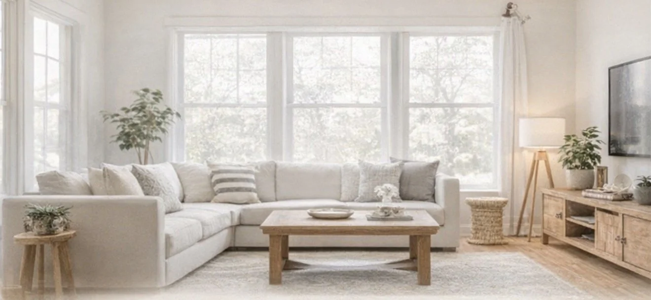 Bright living room with beige sofa, wooden coffee table, side tables, and natural light from large windows.