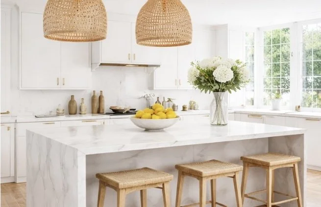 Bright, white kitchen with marble countertops, large window, and three woven pendant lights. A bowl of lemons and a vase of white flowers are on the island, with wooden stools for seating.
