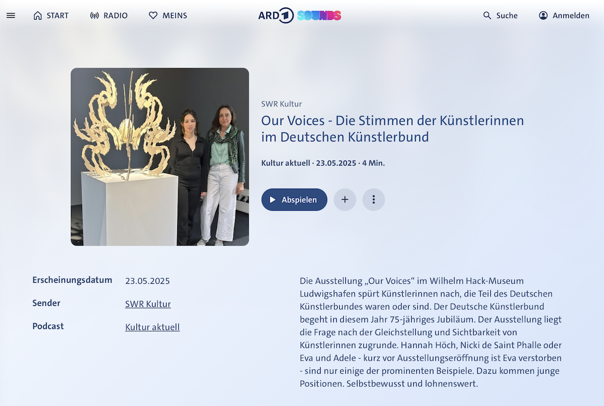 SWR Kultur:
„Jule Tabea Martin — Radio interview with SWR Kultur, 2025. Discussing contemporary sculpture, feminist art practice, and working with human hair extensions."