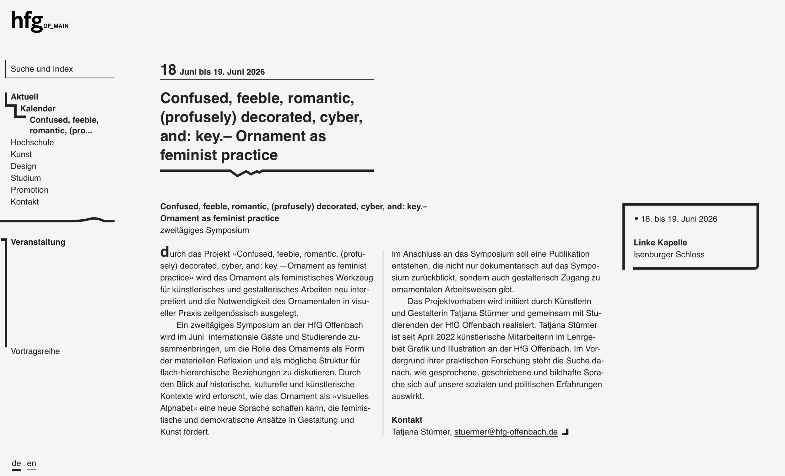 Jule Tabea Martin — Lecturer at the symposium 'Ornament as Feminist Practice', Hochschule für Gestaltung Offenbach, June 2026. Interdisciplinary symposium on ornament, feminism, and contemporary art