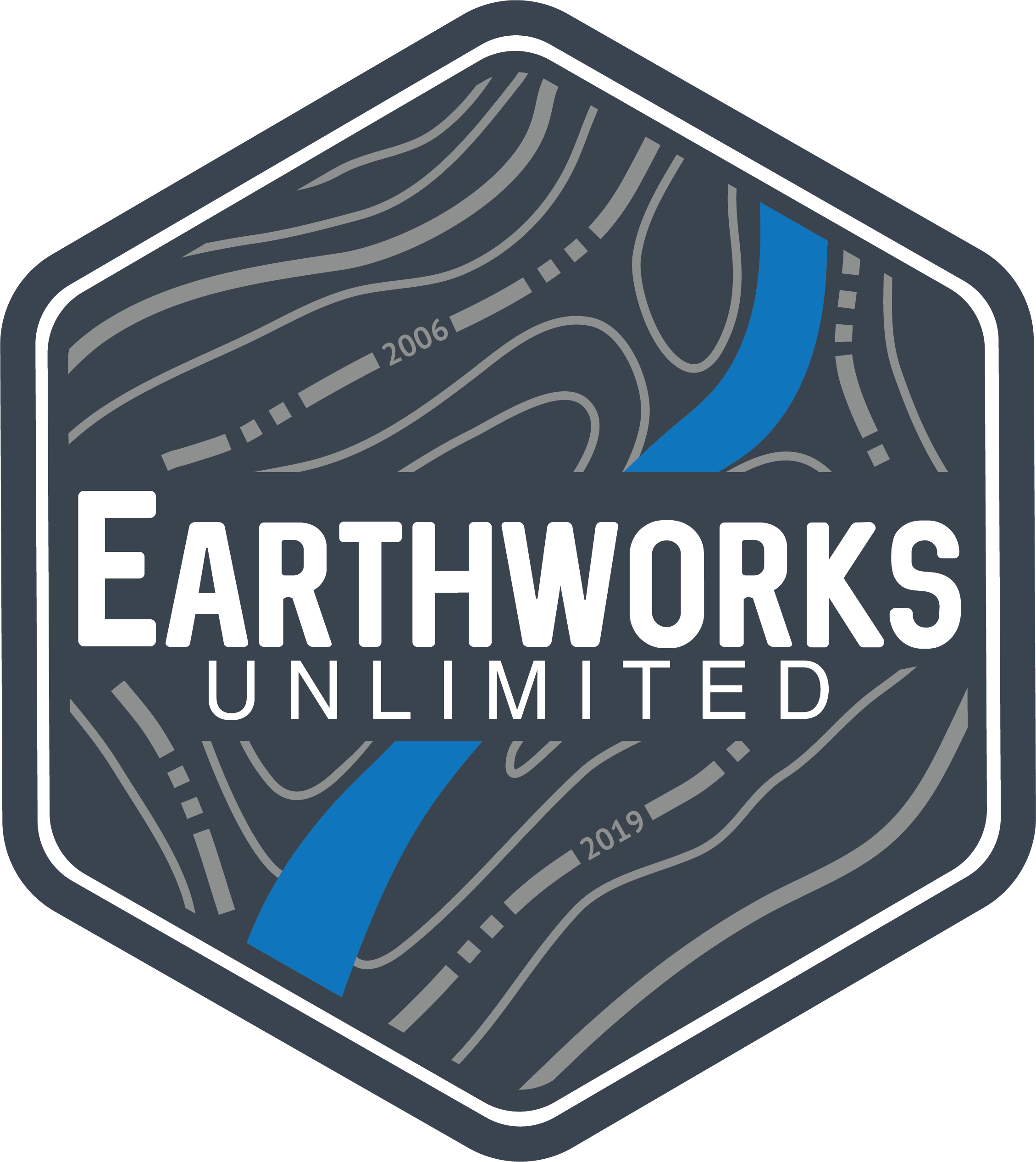Hexagonal logo with a map design, blue lines representing rivers, and gray roads. Text reads 'Earthworks Unlimited' with the years 2006 and 2019.
