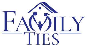 Logo for Family Ties featuring a house and a family of three with a child.
