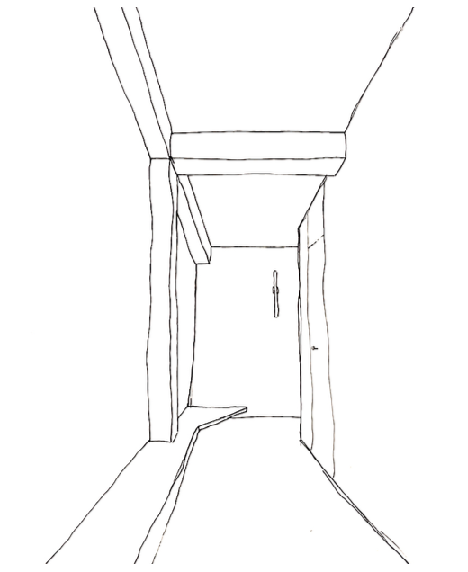 Line drawing of a hallway interior with a door at the end, trim molding, and a small floor step.