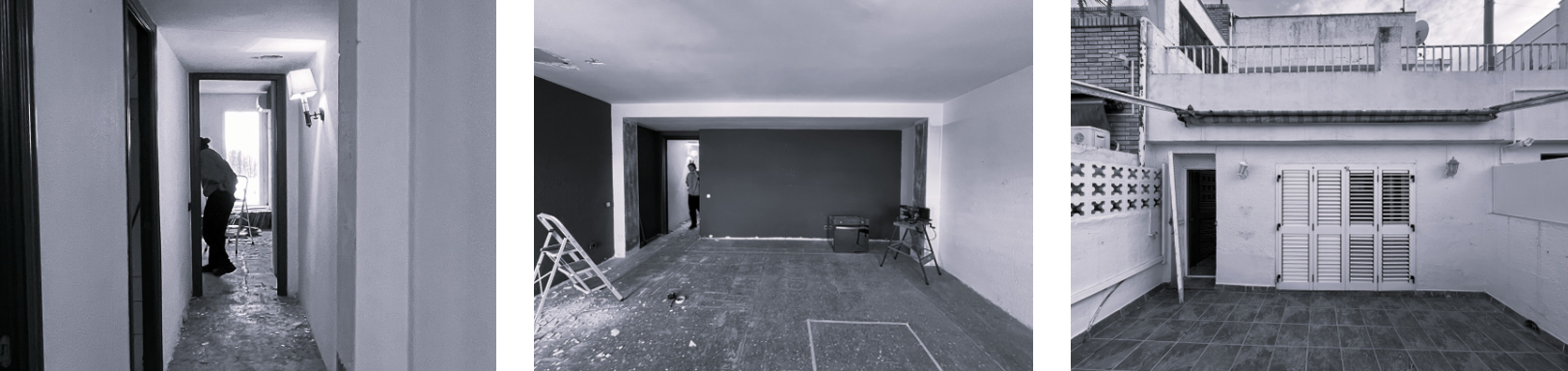 Three black and white photos of a building interior and exterior under construction or renovation, showing rooms with unfinished floors, walls, and construction workers.