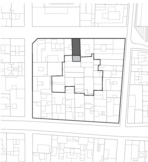 A black and white map showing property boundaries and a highlighted area within a larger property.