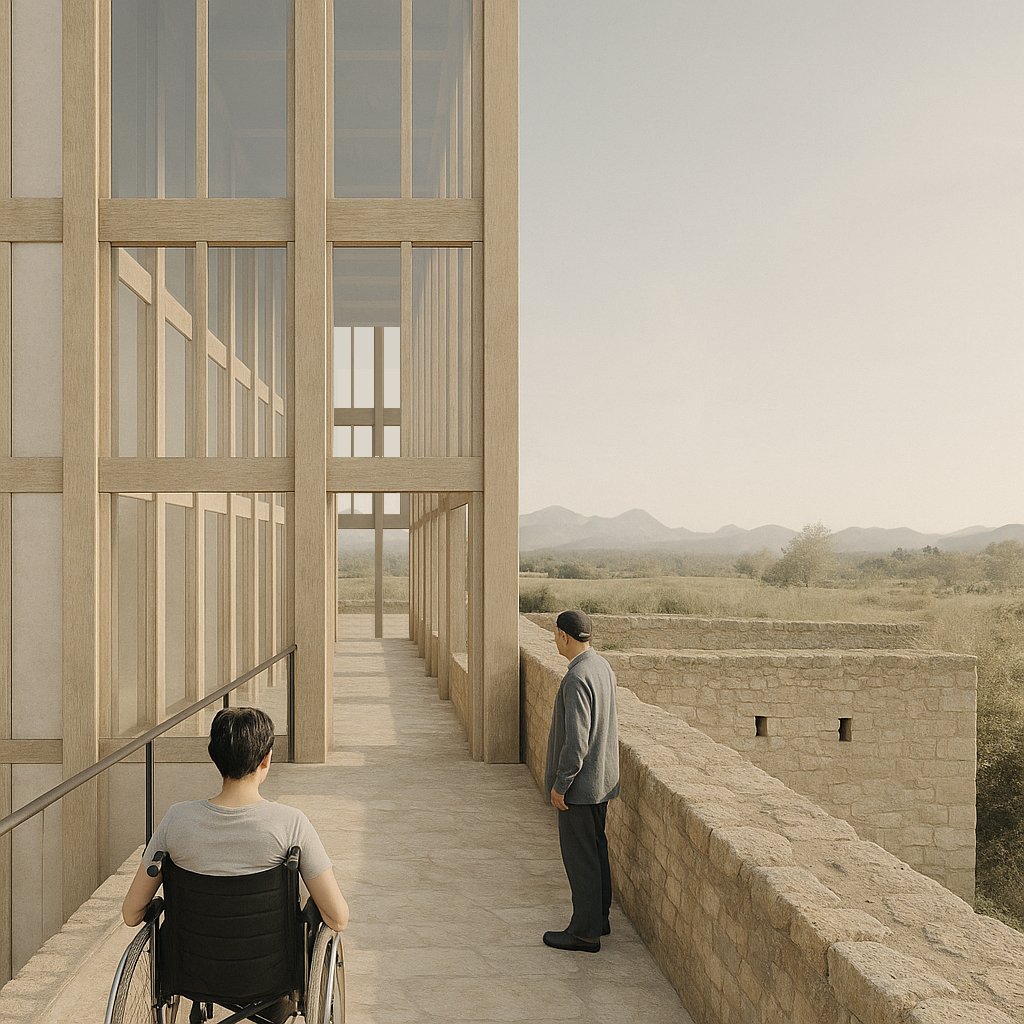A person in a wheelchair and a man standing on a stone walkway next to a large wooden structure, with a desert landscape and mountains in the background.