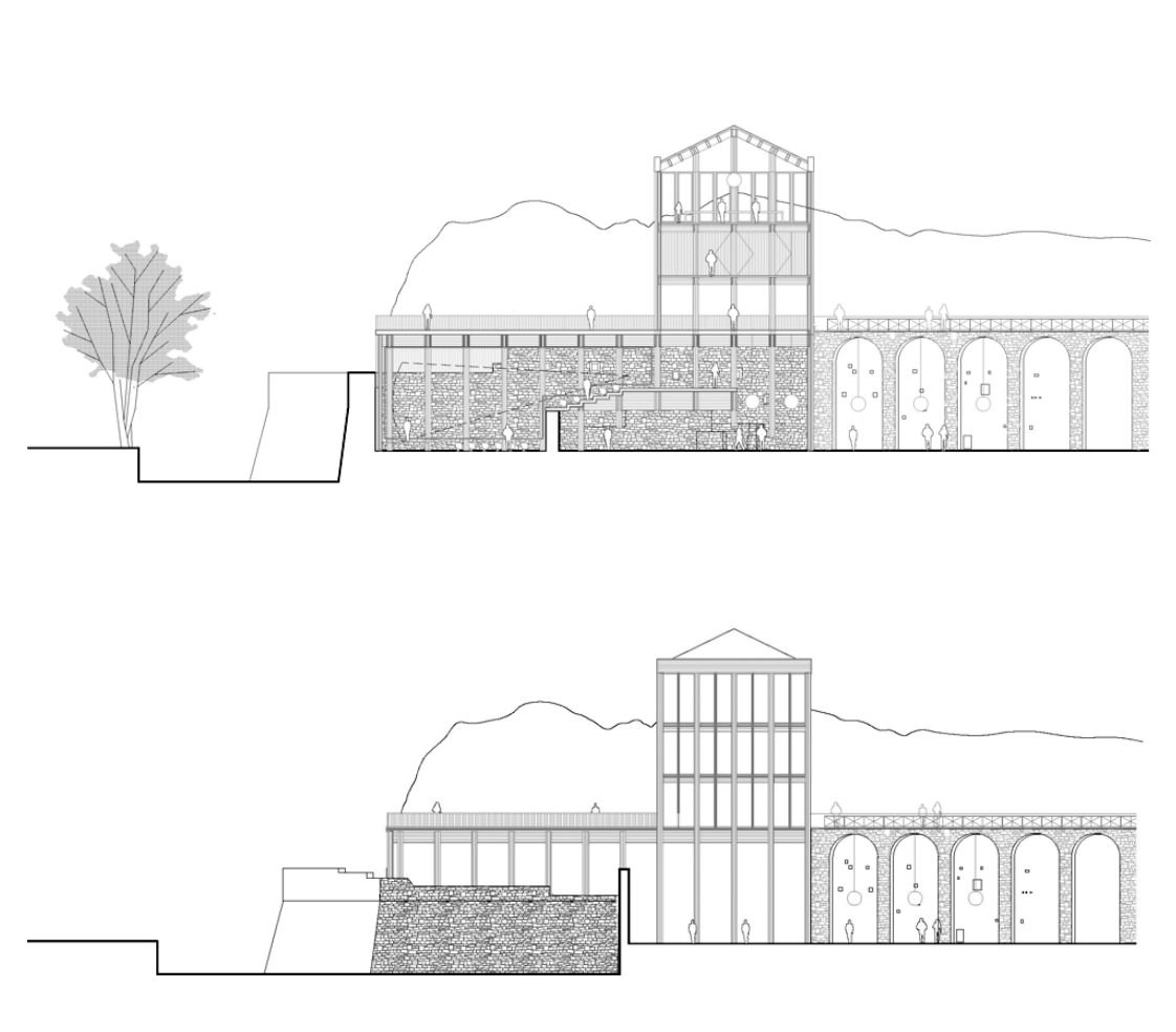 Architectural architectural drawings of a multi-level building with a stone basis, a tower with glass windows, and an arched bridge or colonnade, set against a mountainous landscape.