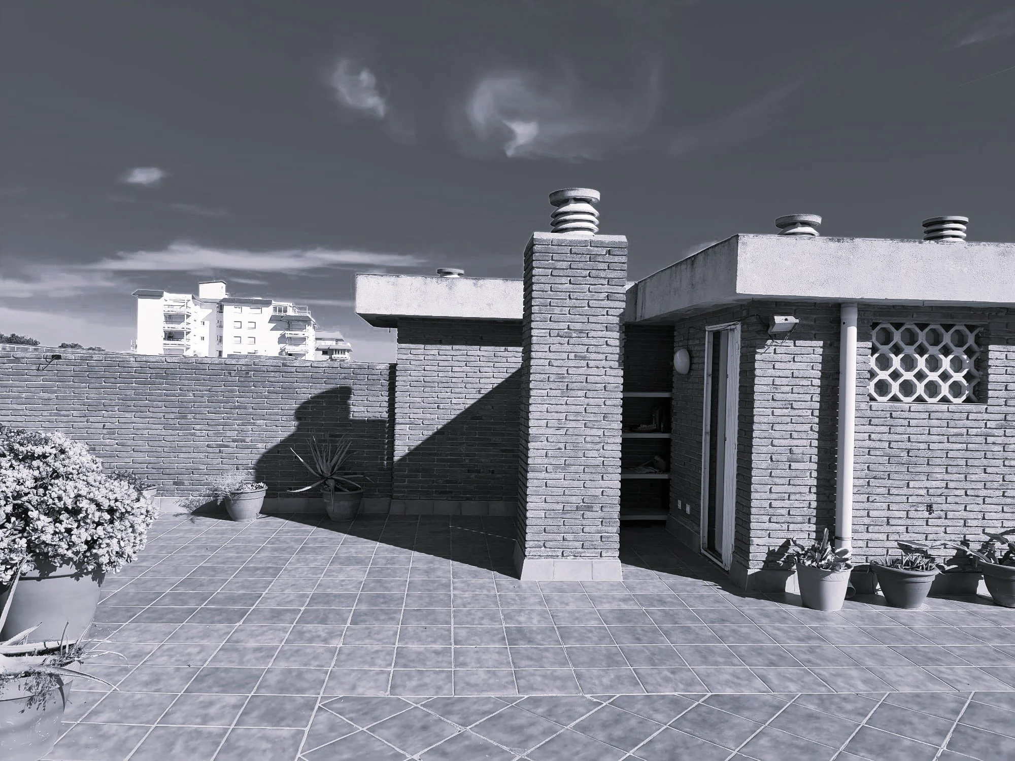 A rooftop terrace with potted plants and brick walls, overlooking apartment buildings under cloudy skies.