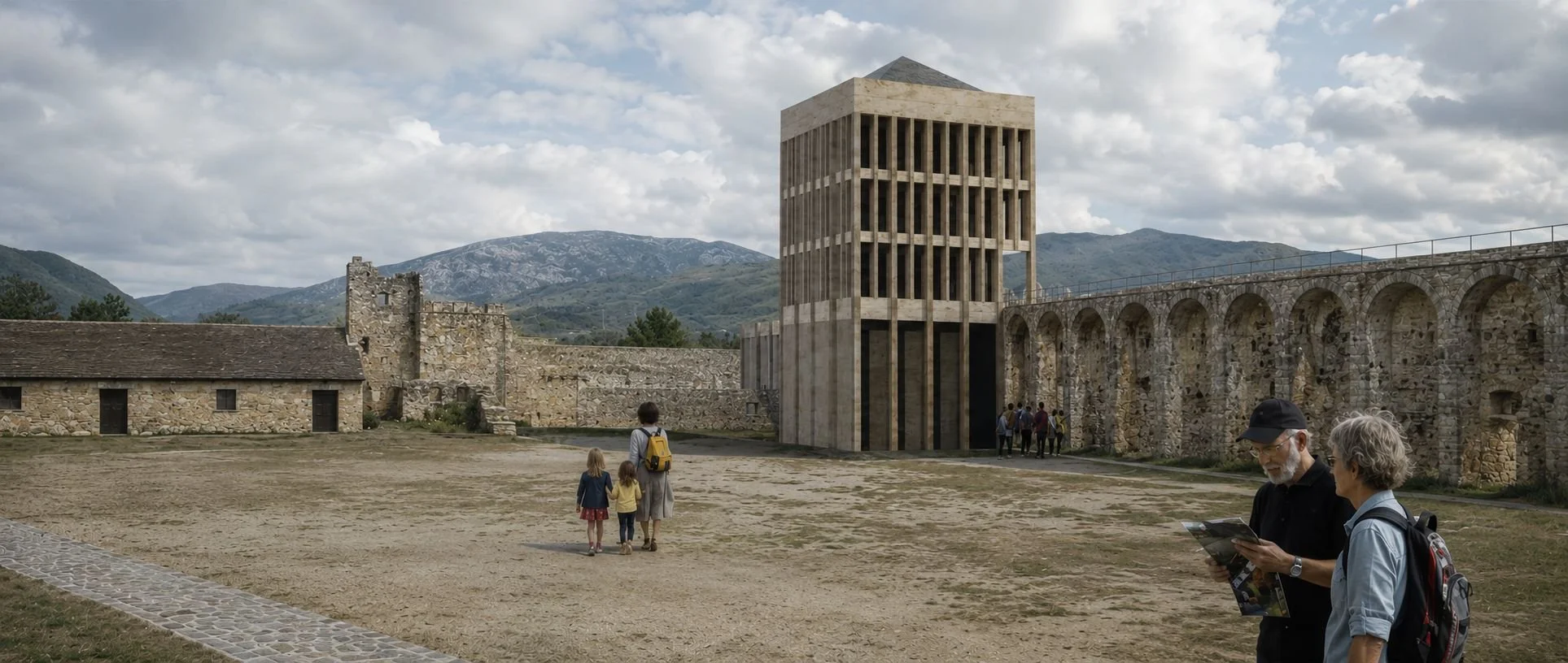 People exploring ancient ruins and modern architecture outdoors with mountains in the background