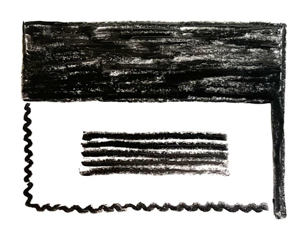 A black and white abstract drawing with a large rectangle at the top filled with black scribbles, and a smaller rectangle with horizontal black lines below it, enclosed by a wavy and zig-zag border.