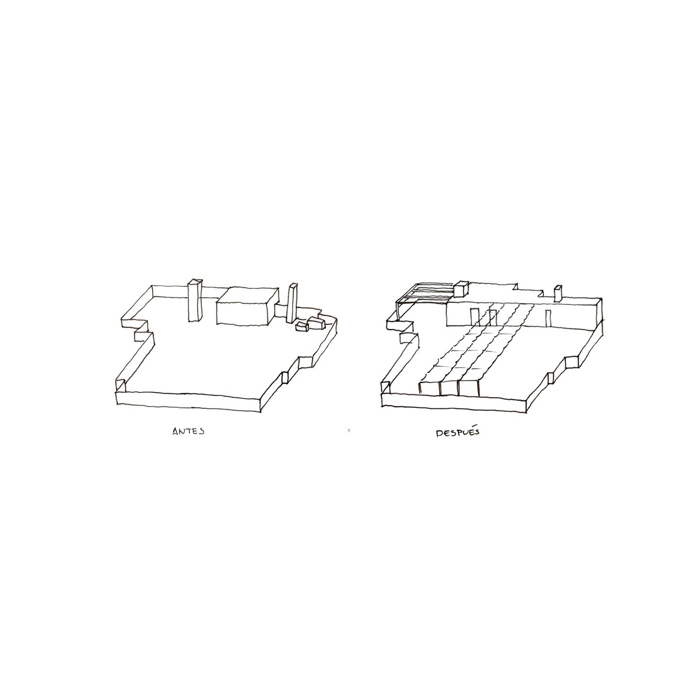 A hand-drawn before and after comparison of a building's renovation. The 'antes' sketch shows an outline of the building with minimal features, while the 'después' sketch depicts the same building with added details such as a roof structure, stairs, and other architectural elements.