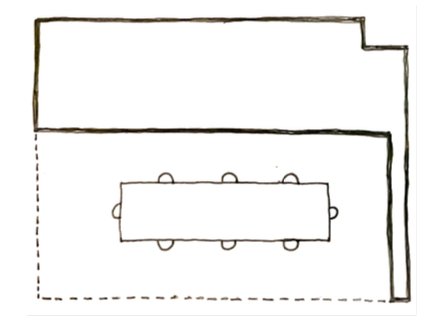 Simple floor plan with a large rectangular room at the top and a smaller rectangular dining table with six chairs below.