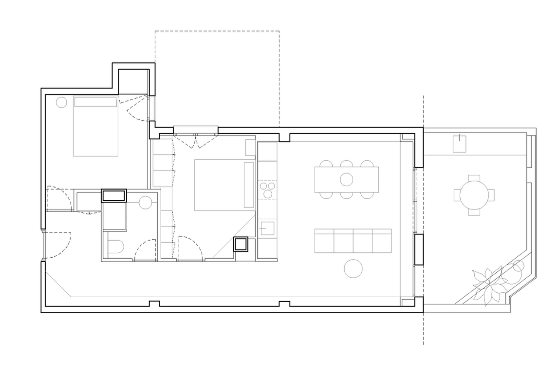 Floor plan of a house, showing bedrooms, bathrooms, kitchen, and living/dining areas.