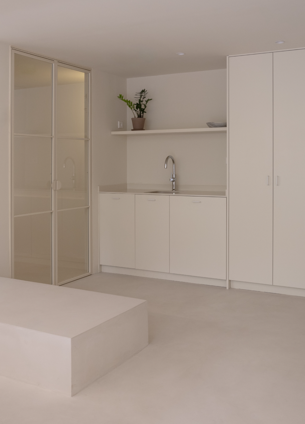 Minimalist kitchenette with white cabinets, a small sink, a potted plant on a shelf, and a glass sliding door.
