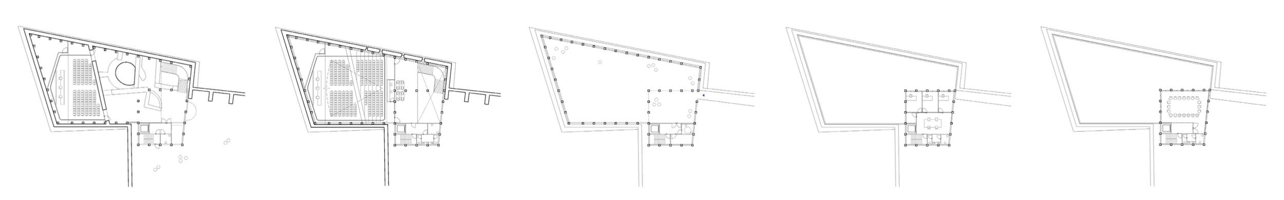 Five architectural floor plans of a building, each showing different levels and layouts.