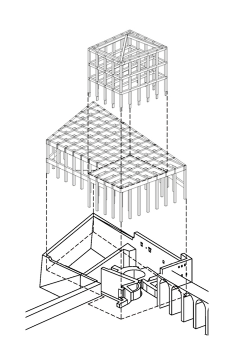 Architectural blueprint of a building foundation with structural frameworks and support beams.