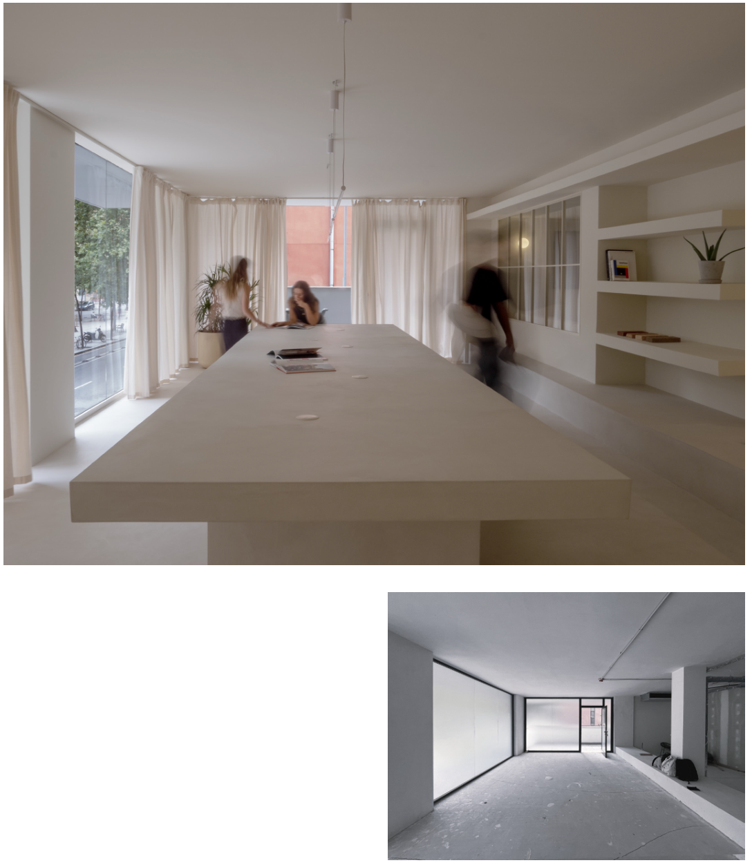 Top image shows a modern, minimalistic room with large windows, white curtains, a long white table, and three people moving around; bottom image displays an unfinished, empty room with concrete floor, white walls, and large windows at the far end.