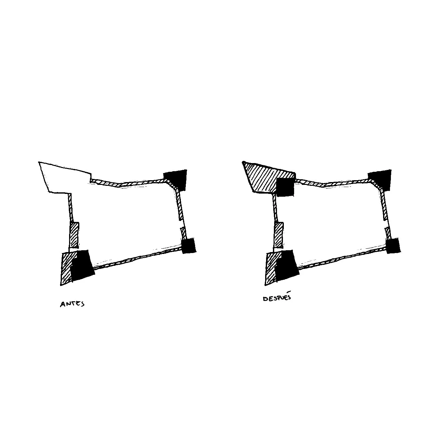 Two diagrams labeled 'Antes' and 'Después', showing a rectangular object with black corner blocks and shaded areas, illustrating changes in design or structure.