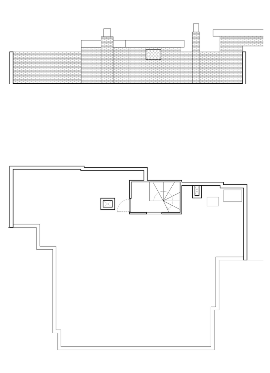 Architectural drawing of a house showing a side elevation view at the top and a floor plan at the bottom.