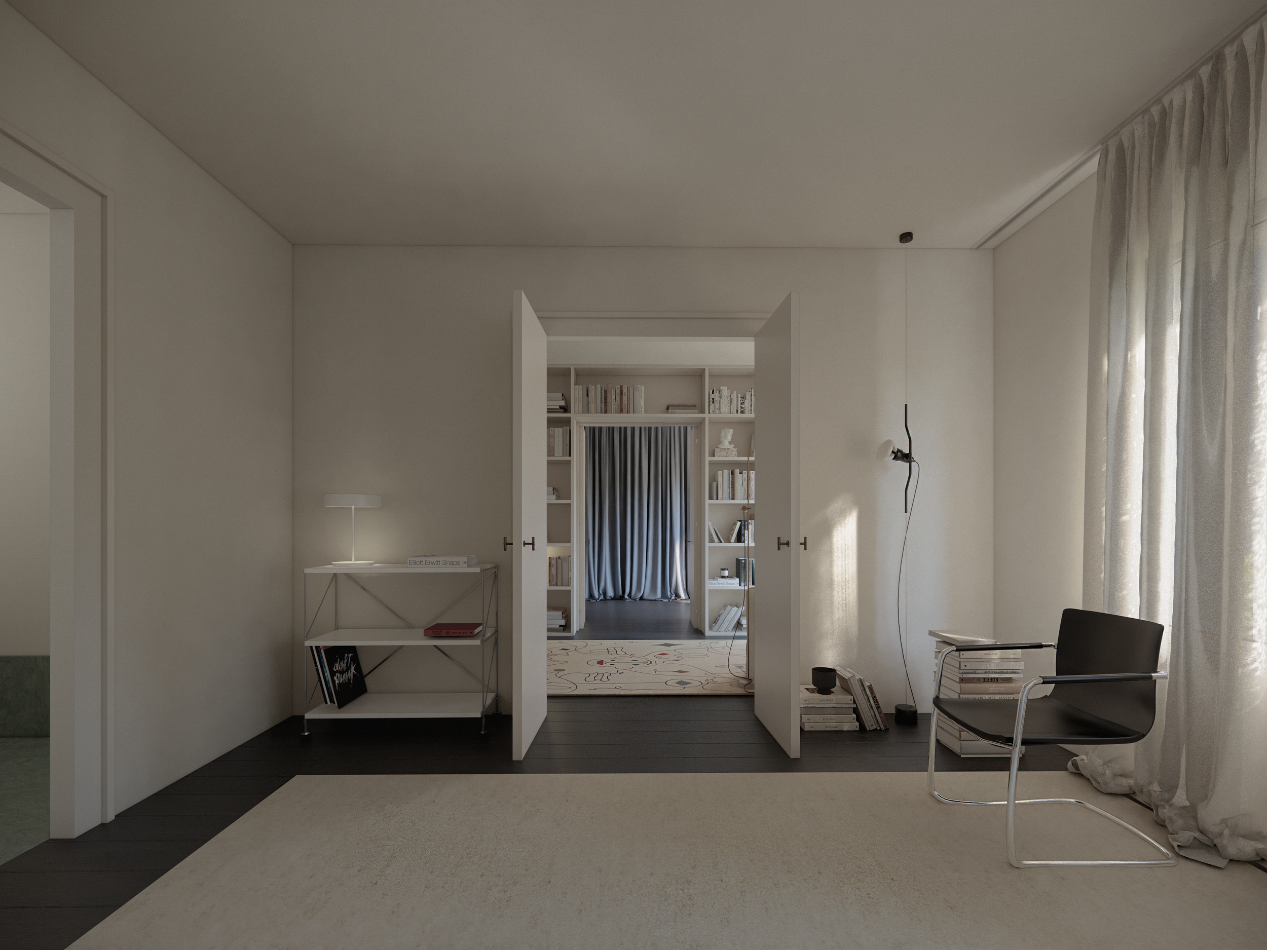 Interior view of a modern living room with a doorway revealing a bookshelf and a monochrome rug. There are curtains on the right and a chair with books stacked nearby.