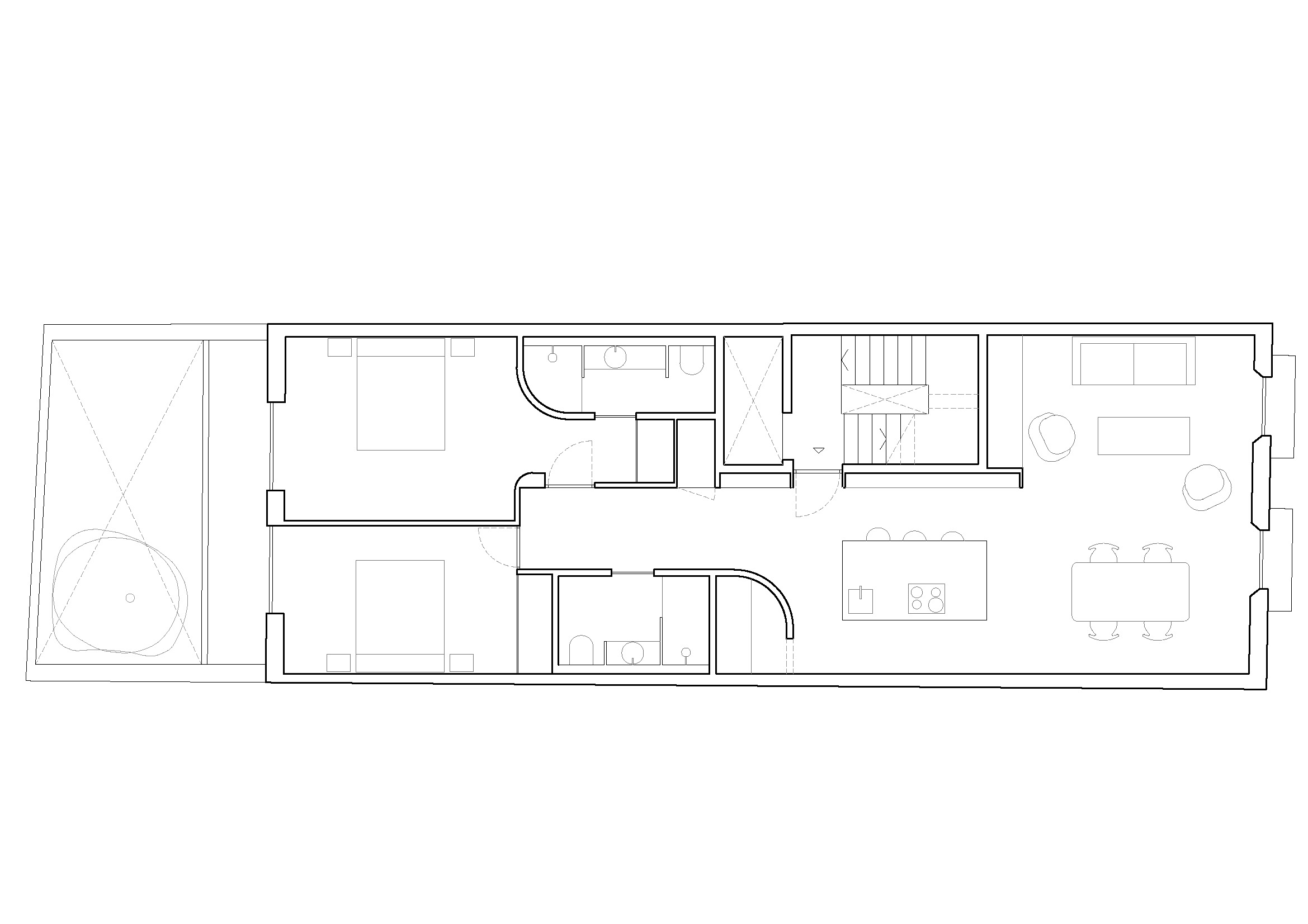 Architectural floor plan drawing of a building layout including rooms, bathroom, kitchen, and outdoor area.