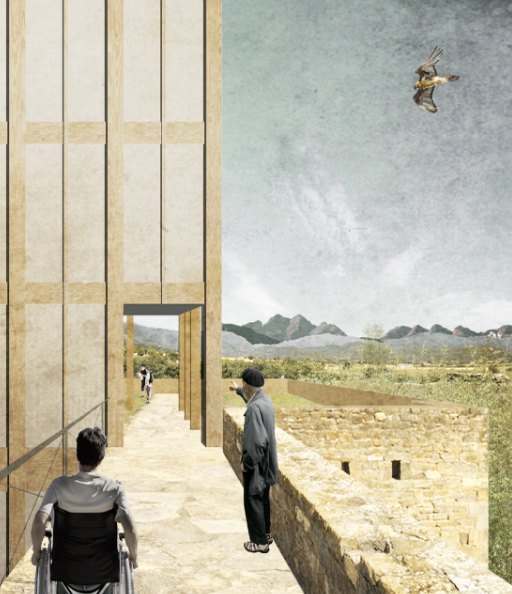 Three men are outside a large building, with one in a wheelchair, and a bird flying in the sky. The background features a landscape with mountains and fields.
