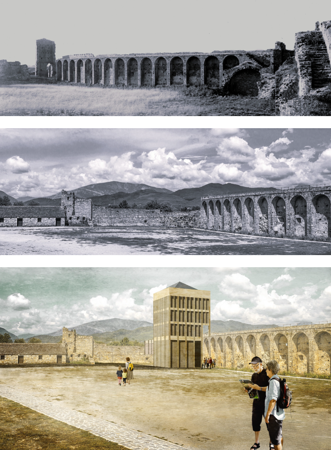 Progression of images showing different views of an ancient Roman aqueduct, evolving from black and white to a colored modern scene with tourists visiting and walking near the historical structure.