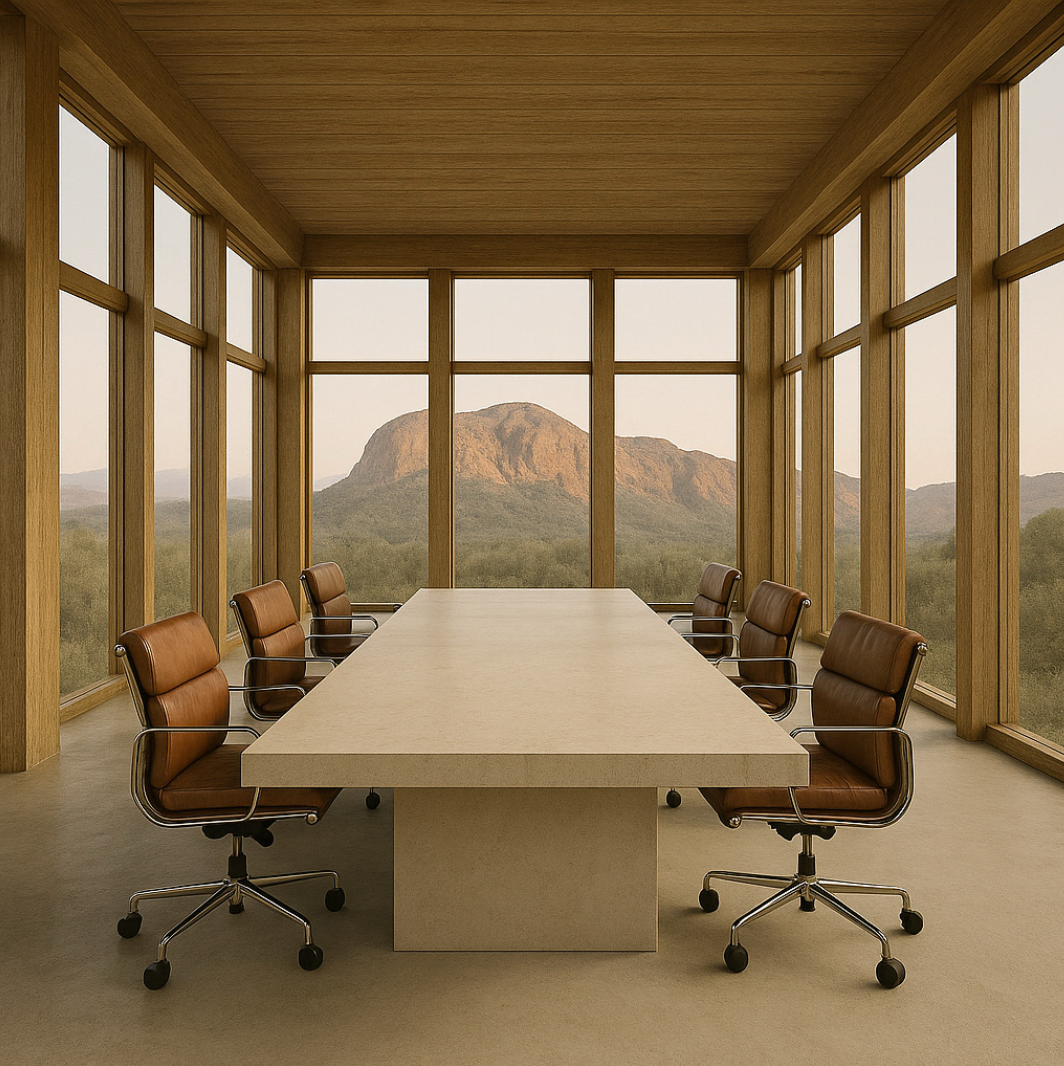 A conference room with a long rectangular table surrounded by brown leather chairs, large windows with a mountain view.
