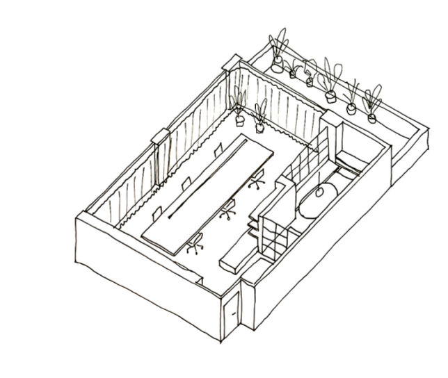 Sketch of a workspace with a long central table and chairs, a small room with a bathtub, and a wall with hanging lights.