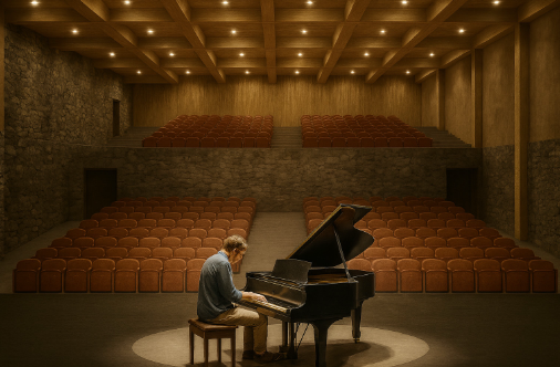 A person playing a grand piano on stage in a large, empty auditorium with rows of red seats and wooden ceiling with recessed lighting.
