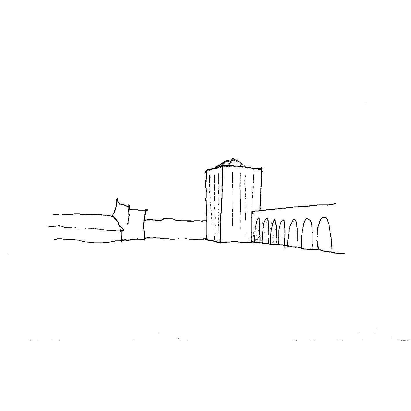 A simple line drawing of a cityscape with a tall rectangular building, a smaller building with a pointed roof, and an arched bridge in the background.