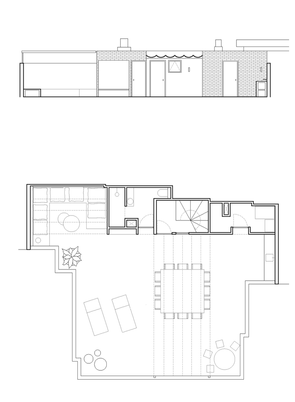 Architectural drawing of a building's interior and exterior, including floor plan and elevation view, with rooms, furniture, stairs, and exterior wall details.