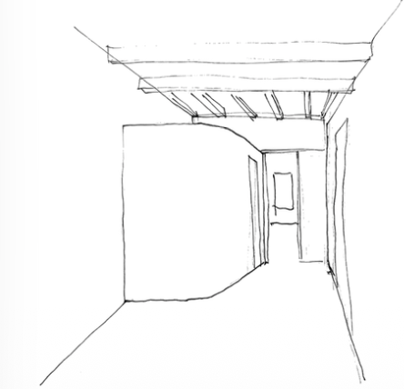 Line drawing of an unfinished room with exposed ceiling beams, doorways, and blank walls.
