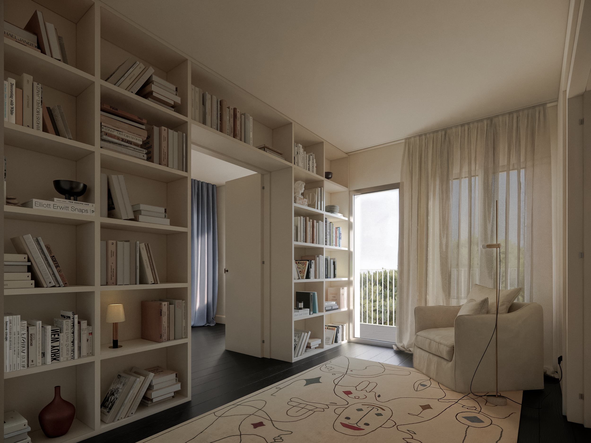 A cozy living room with white bookshelves filled with books, a beige armchair, a patterned rug, and a large window with sheer curtains letting in natural light.