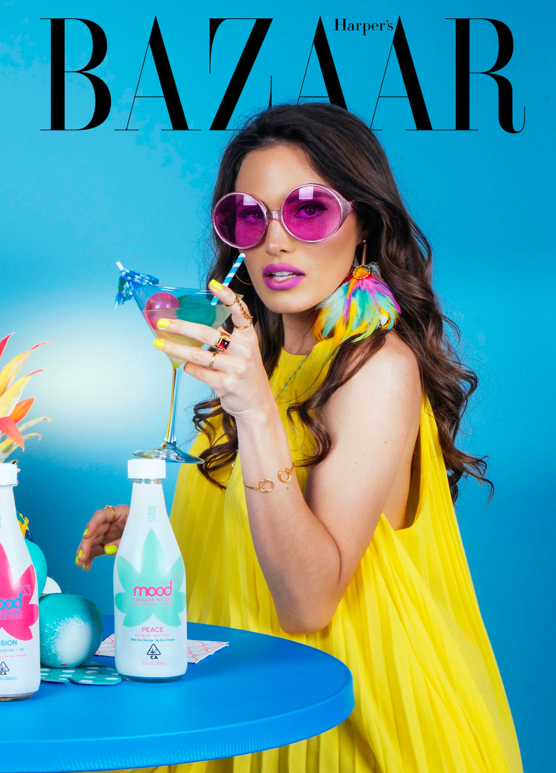 California cannabis lifestyle photography for a Harper’s Bazaar editorial featuring infused beverage products