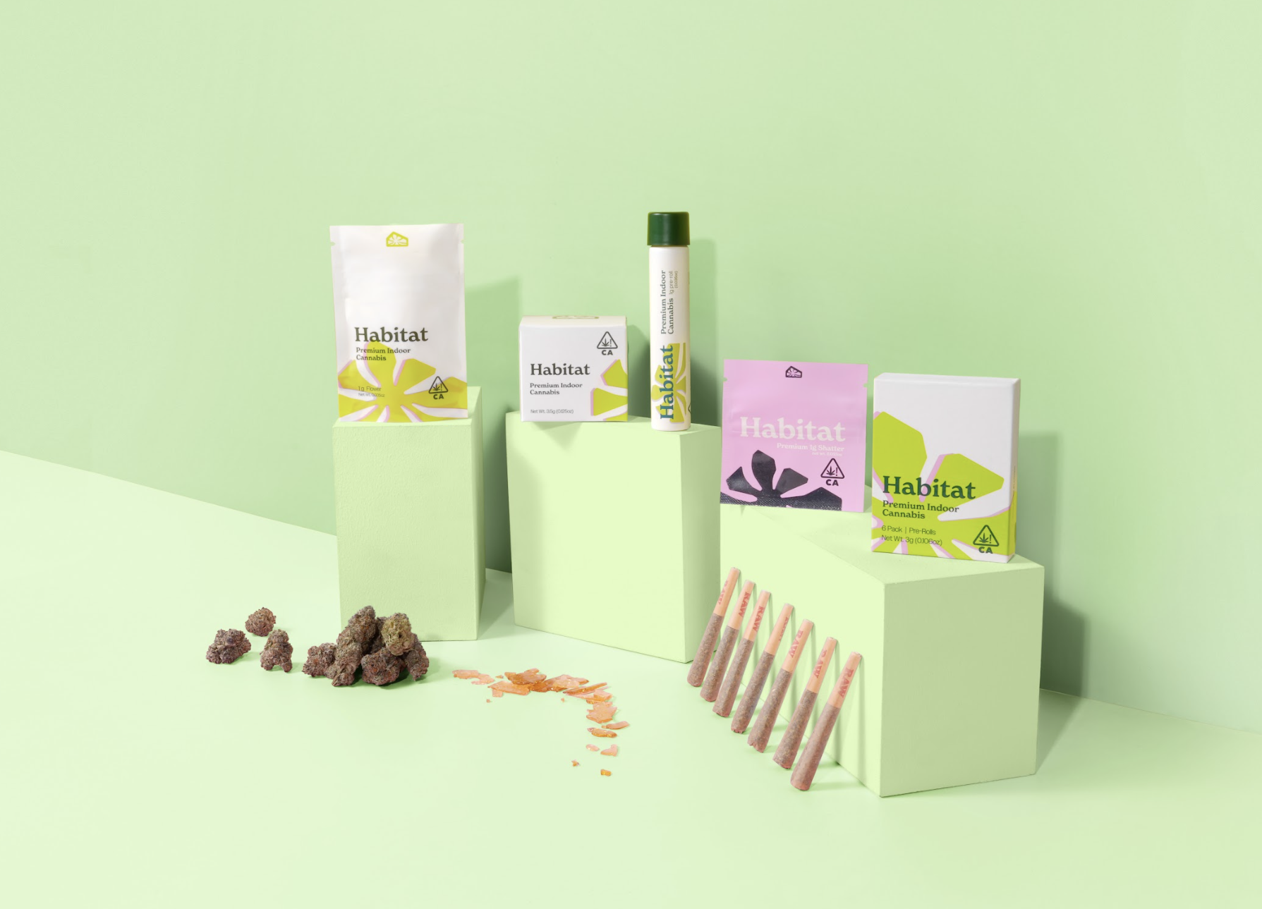 Habitat cannabis brand packaging product photography, California
