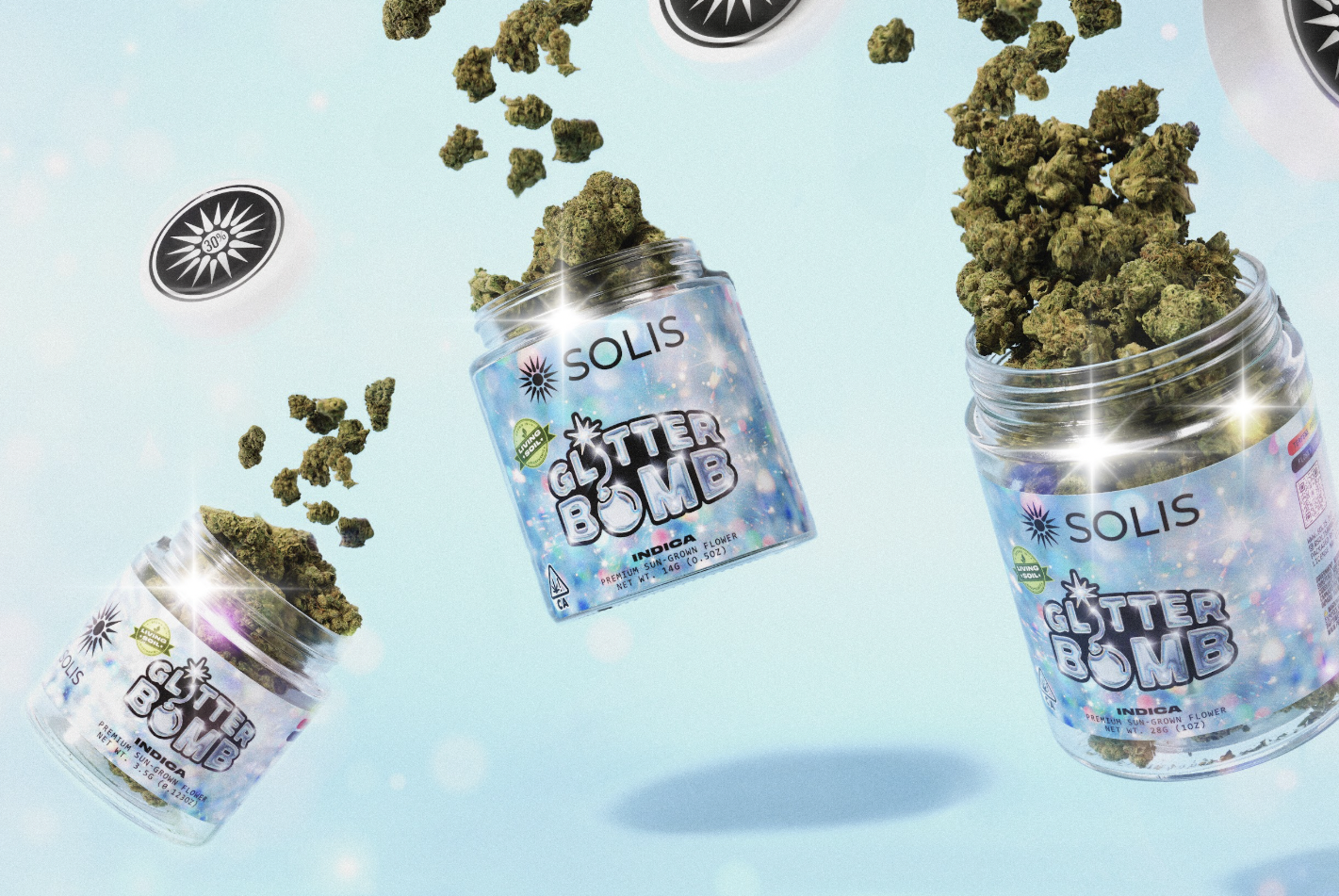 Solis Cluster Bomb cannabis flower jar product photography, Los Angeles California