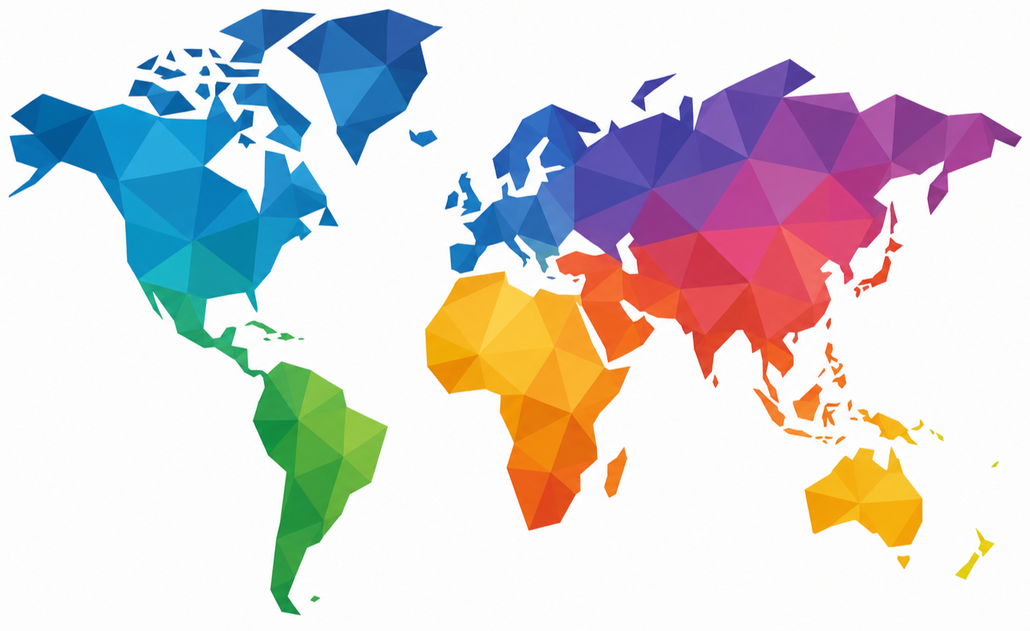 Colorful low-poly world map with continents in shades of blue, green, yellow, orange, and purple.