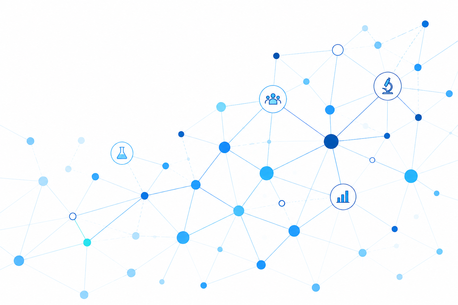 Abstract graphic of interconnected nodes and icons representing science, teamwork, and data analysis in shades of blue.