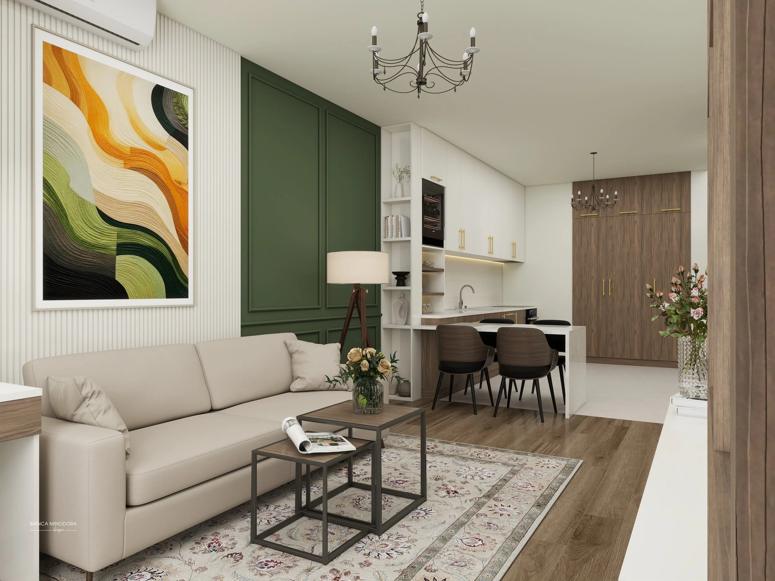 design interior openspace: living, dining, bucatarie, hol