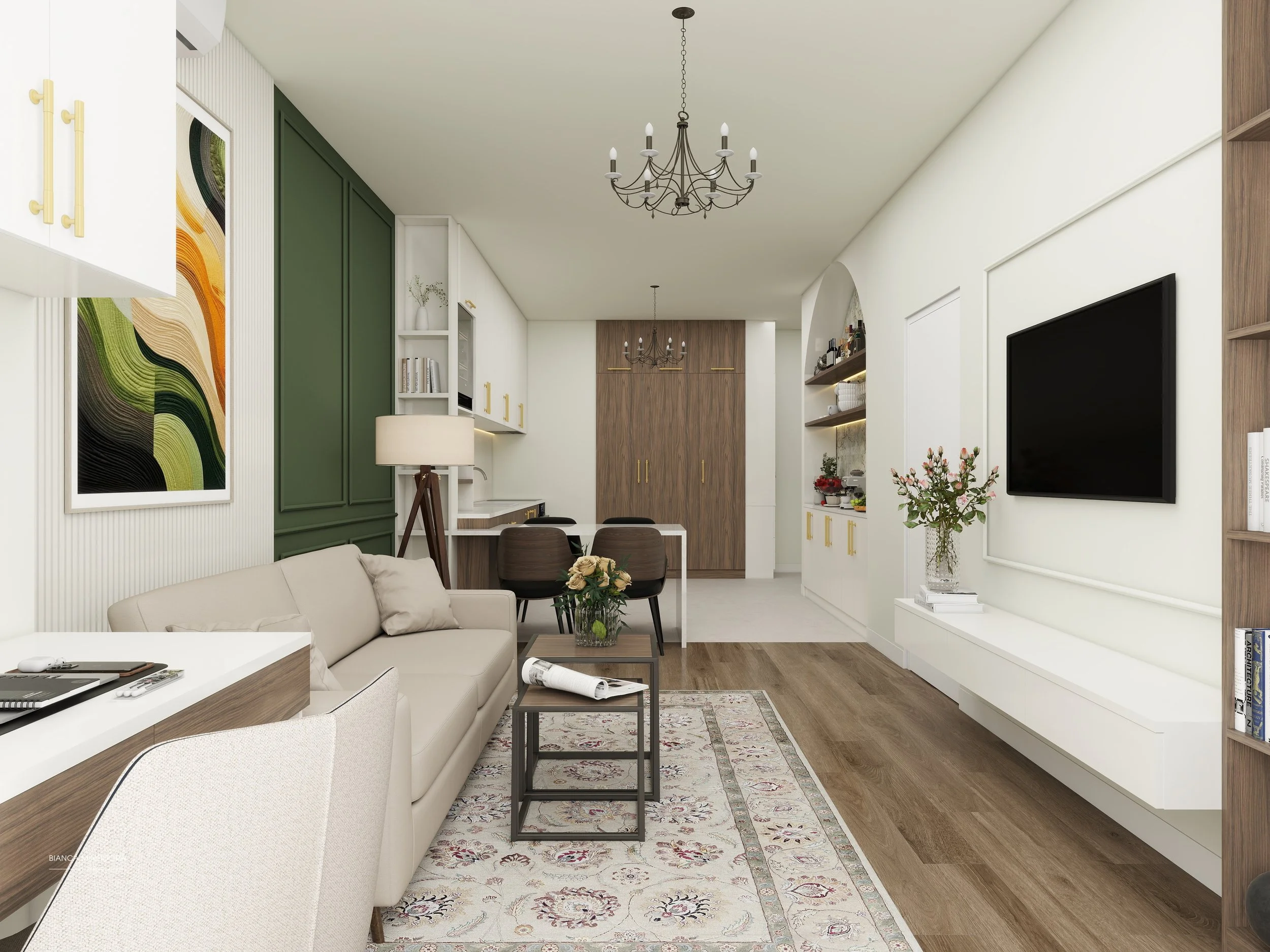 design interior openspace: living, dining, bucatarie, hol