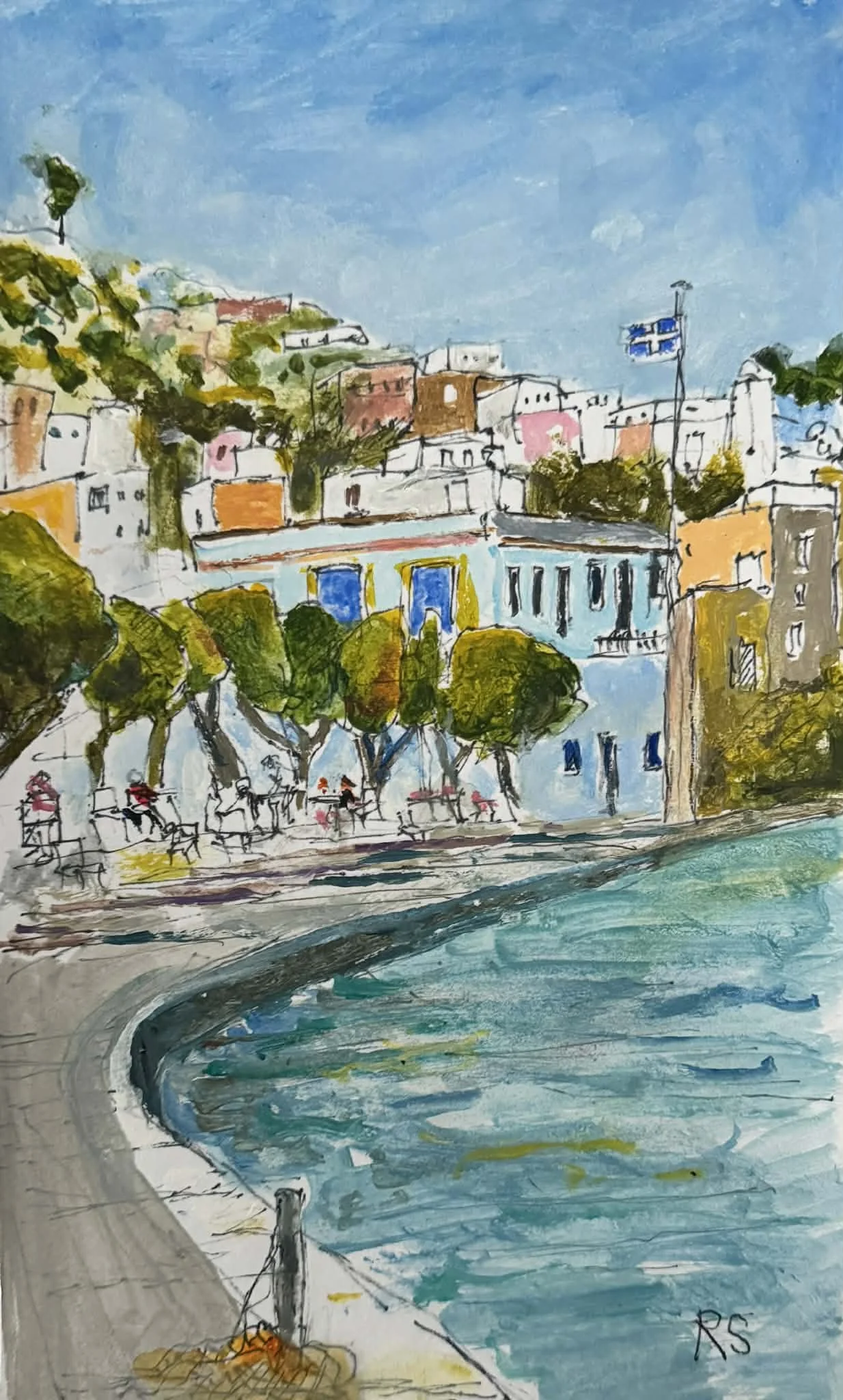 The Seafront at Agia Maria. A4. Ink and acrylics.