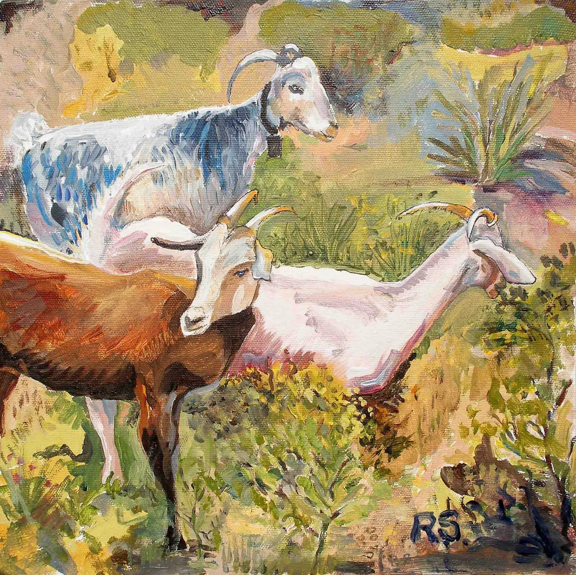 Three Goats. Acrylics on canvas, 30 x 30 cm. SOLD